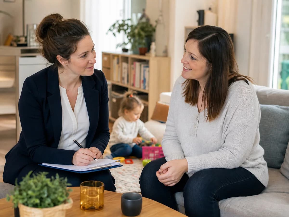 Puéricultrice de la PMI effectuant une visite de contrôle chez une assistante maternelle