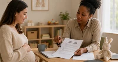 Parent tenant son nouveau-né dans les bras, dossier de congé de naissance et carnet de santé posés sur la table