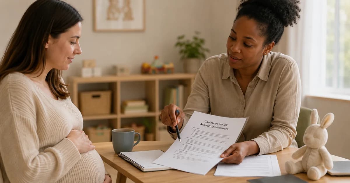 Parent tenant son nouveau-né dans les bras, dossier de congé de naissance et carnet de santé posés sur la table