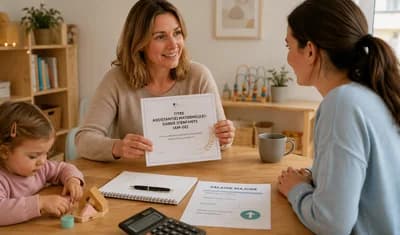 Assistante maternelle consultant un dossier de formation et un ordinateur portable pour préparer le titre AM-GE
