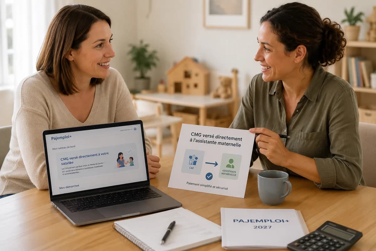 Parent employeur consultant l'espace Pajemploi+ sur un ordinateur portable pour valider le versement direct du salaire à l'assistante maternelle